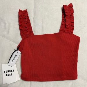 Aritzia Sunday Best Cropped Ruffle Strap Tank Top in Red/Maroon (NEW w/Tags)